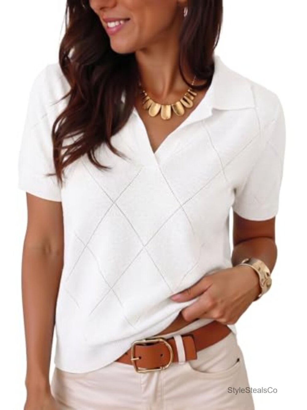 Women Short Sleeve Sweater V Neck Knit Collared Work Shirt
